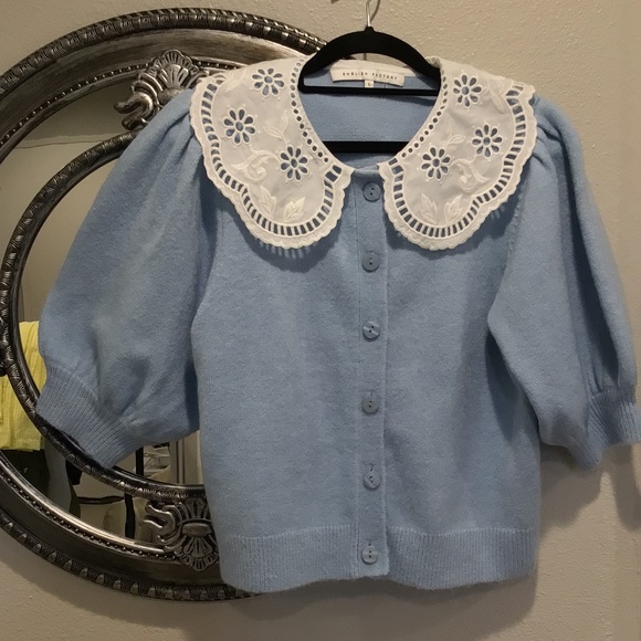 English Factory Sweaters - NEW! English Factory - contrast light blue cardigan with white collar
